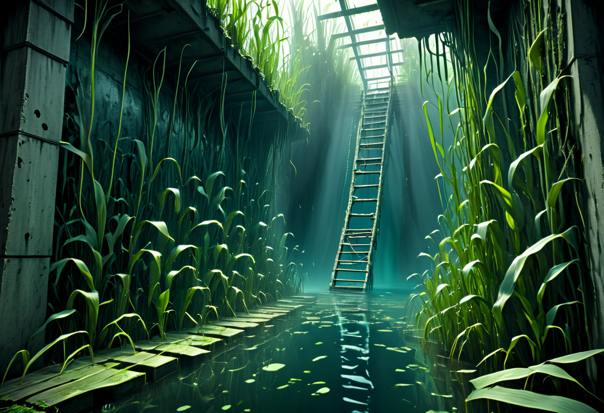 Climbing a ladder in a collapsing building, Hiding in tall grass as a predator prowls nearby, Escaping from an underwater facility with rising water levels, Robert Richardson, Wally Pfister, Larry Fong, Suspenseful, Dynamic, Elegant, Gritty, Subtle, Expansive, Depth of field, Light, Monumental, Perspective-shifting masterpiece, best quality, absurd resolution, in the style of first person perspective,  <lora:artfullyHW1P:1> arthw1p, scenery, no humans,