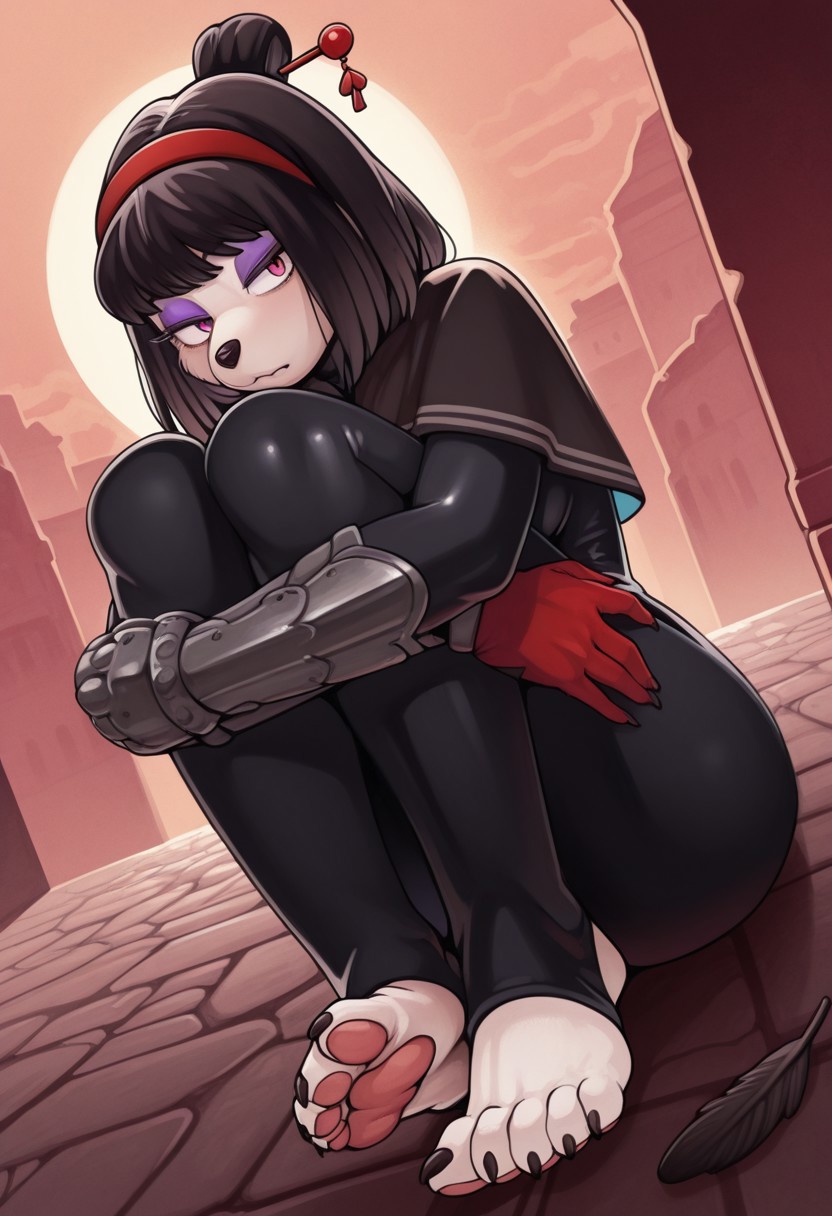 sindoll,  outdoors, undershirt, falling feathers, black bodysuit, hair stick, hugging own legs, , gauntlets,   eyeshadow,   red gloves, black capelet, red hairband, pink eyes, 1girl, solo, feet, medium hair, black hair  dynamic angle, foreshortening, furry, furry female, anthro, paws, claws, pawpads, 1girl, solo, medium build,