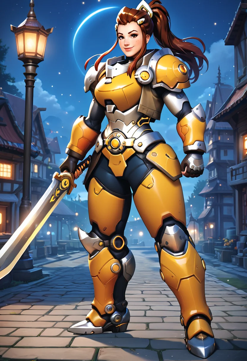 PonyXLV6_Scores,source_anime,masterpiece,best quality, highly detailed,cinematic,unity 8k wallpaper, amazing quality, masterpiece, best quality, UHD, perfect anatomy,
BREAK
<lora:brig:0.8>brigitte,1girl, solo, brown hair, armor, ponytail, weapon, brown eyes, full body, power armor, standing, breastplate, long hair, faulds, shoulder armor, gloves, hair ornament, hairclip, sword, pauldrons, sidelocks, smile, hair pulled back,outdoors, night,