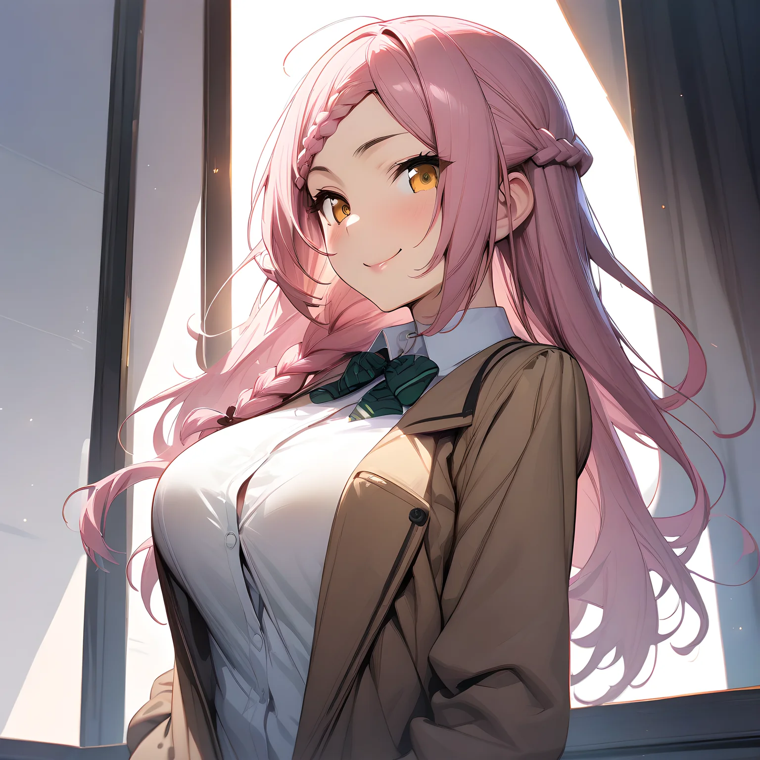 (masterpiece),(best quality),(ultra-detailed),(best illustration),(best shadow),(absurdres),(detailed background),(very aesthetic), yoshida_kochou, 1girl, braid, solo, breasts, long hair, large breasts, pink hair, smile, jacket, school uniform, white background, upper body, simple background, looking at viewer, shirt, white shirt, standing, looking at viewer, smug face, large breasts, <lora:XL-YoshidaKochou:1>