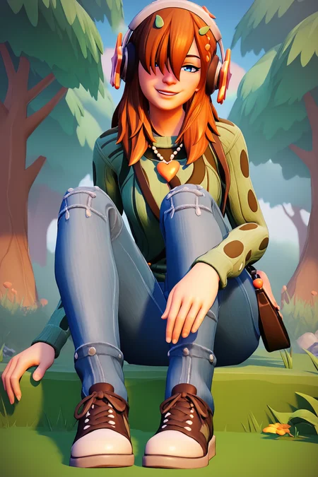 score_9, score_8_up, score_7_up, score_6_up, BREAK, PJFOPXL, blue eyes, brown hair, long hair, hair over one eye, hair ornament, headphones, medium breasts, necklace, green sweater, long sleeves, bag, denim pants, black shoes, solo, full body, sitting, bellow view, foot focus, seductive smile, looking at viewer, naughty face, nose blush, forest <lora:PJFOPXL_r2:1>