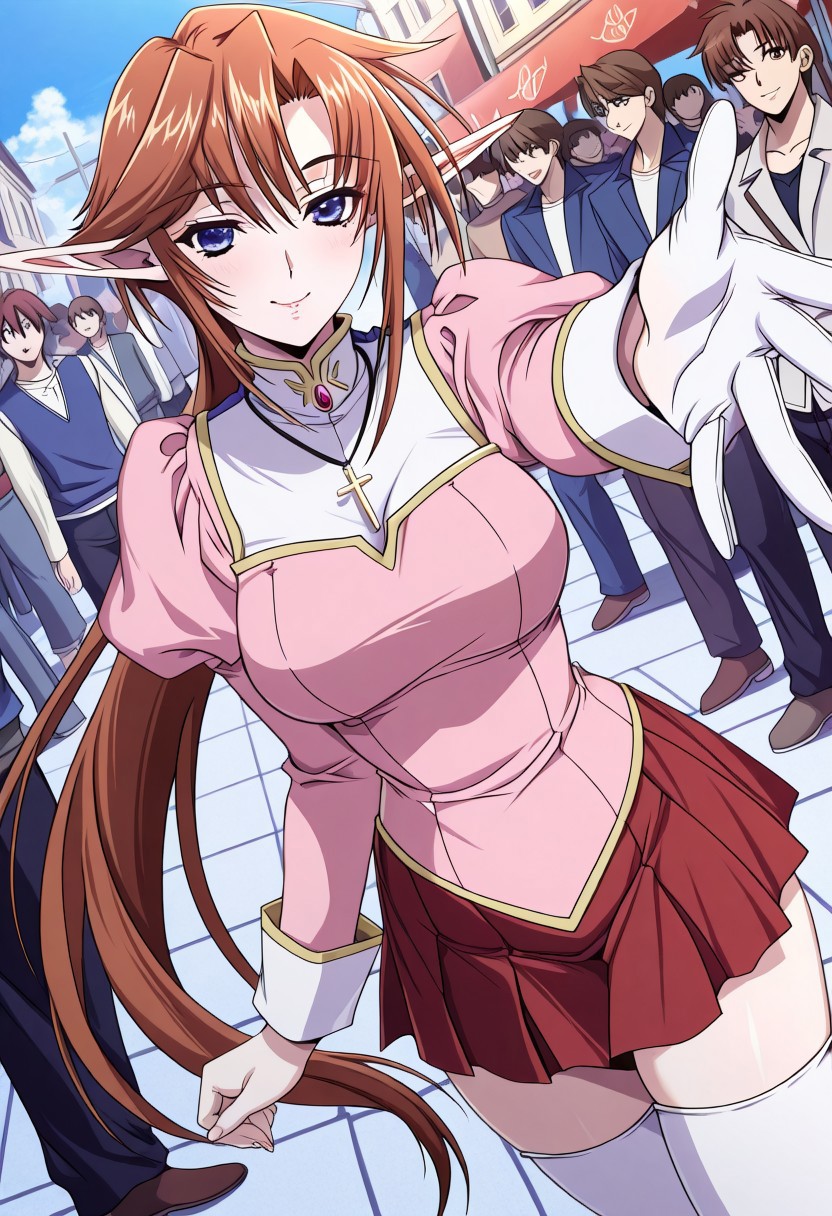 masterpiece, best quality, newest, highres, uncensored, 1girl, yokota mamoru style,1girl,
Elendia Veilt ,long hair,Brown Hair,elf,Pointed Ears,Gloves,long legs
skirt, thighhighs, jewelry, necklace, zettai ryouiki, cross, long sleeves, red skirt, pleated skirt, miniskirt, dress, pink dress, cross necklace, street market, vendor, street food, bustling crowd, local flavor, vibrant, smile, looking at viewer, hand reaching out, solo,, cowboy shot, dutch angle