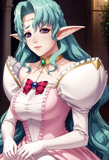 Arietta Elfinrine, delicate lady, violet eyes, detailed eyes, blush, Beautiful lips, lipgloss, luscius lips, teal hair, cross collar, pandant earrings, red ribbon on chest, pink gown dress with sleeves, elbow gloves, detailed and intrincade, masterpiece, ultra detailed, 4k
