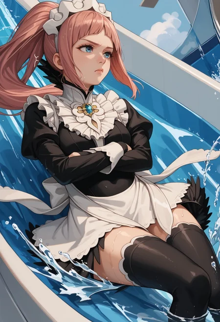 water slide,on back,splashing,water,wet, flcdf, blue eyes, pink hair, long hair, ponytail, maid headdress, black feathered collar, blue brooch, breasts, maid, juliet sleeves, maid apron, bridal gauntlets, black thighhighs, thighs, annoyed, crossed arms,
score_9,score_7_up <lora:water_slide_V1_edited_edited:1> <lora:felicia-fe-richy-v2_pdxl:1>