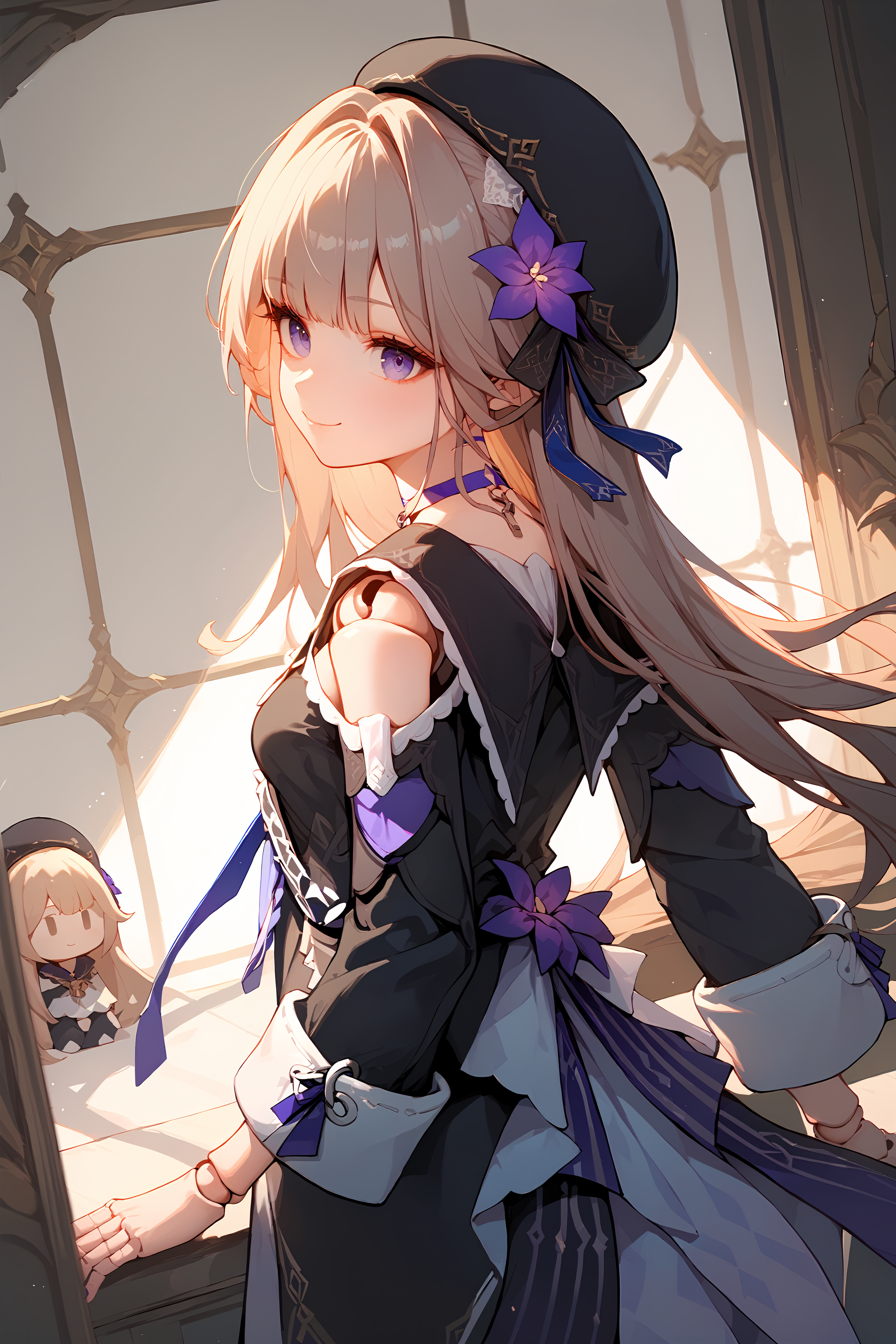 (score_9, score_8_up, score_7_up), 1girl, herta, doll joints, beret, purple choker, from behind, smile, closed mouth, <lora:herta-hsrPO-v2ar:0.9>