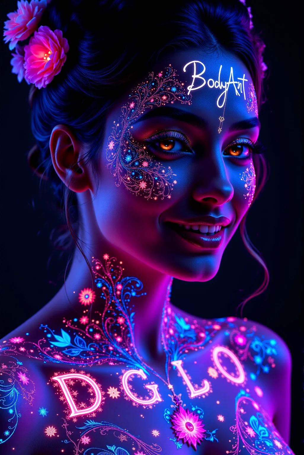 <lora:DGLO_style_v.81:0.75> DGLO style. A woman adorned with intricate body art glowing in shades of a nebula, interwoven with a calligraphic cursive text "BodyArt" on her forehead and a bold text "D G L O" on her chest. She wears a gentle smile and a neon bodysuit.