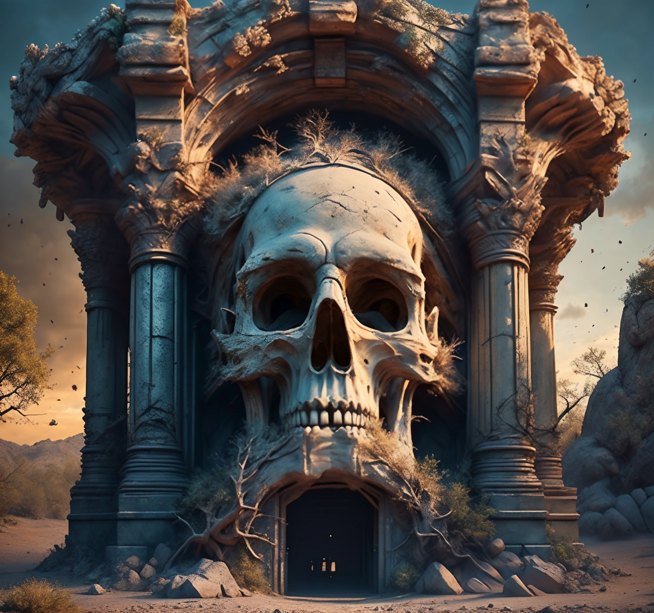 RAW photo, (masterpiece:1.3), subsurface scattering, heavy shadow, (high quality:1.4), (intricate, high detail:1.2), professional photography, HDR, High Dynamic Range, realistic, ultra realistic, photorealistic, high resolution, film photography, ambient lighting, atmospheric effects, <lora:detail_slider_v4:2>, OverallDetail, <lora:Portal:1>, column, desert, fantasy, no humans, rocks,  outdoors, overgrown, portal, skull, sky, tree, epiCPhoto