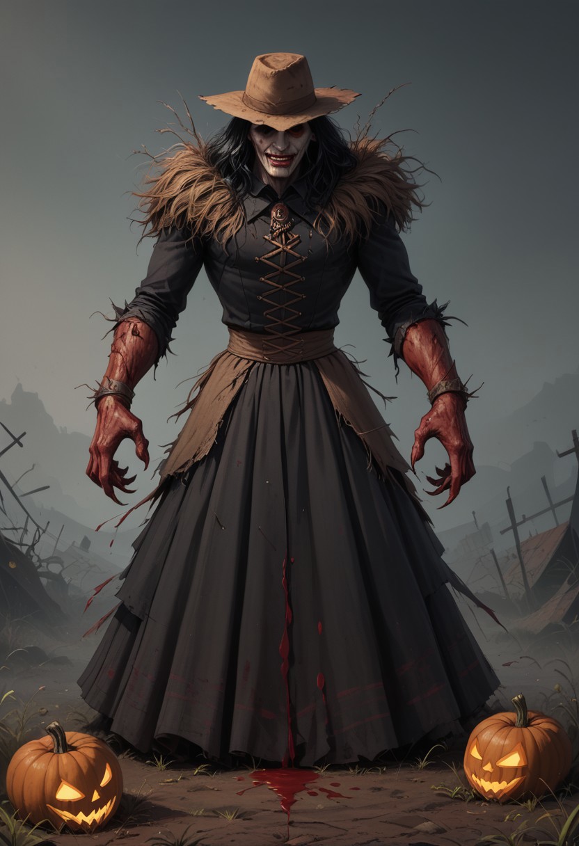 (((8k resolution))), (((absolute masterpiece))), (((best quality))), ultra detailed, score_9, score_8_up, score_7_up, eerie and dark atmosphere, a scarecrow with a large pumpkin head, jagged carved eyes and a sinister grin, standing in a blood-soaked field, cultivating rows of human heads with blood dripping from them, the scarecrow's tattered clothing flutters in the wind, sharp, claw-like hands holding farming tools, dim and foggy sky in the background, blood splattered on the ground, soft shading, subtle details, unsettling yet captivating scene.