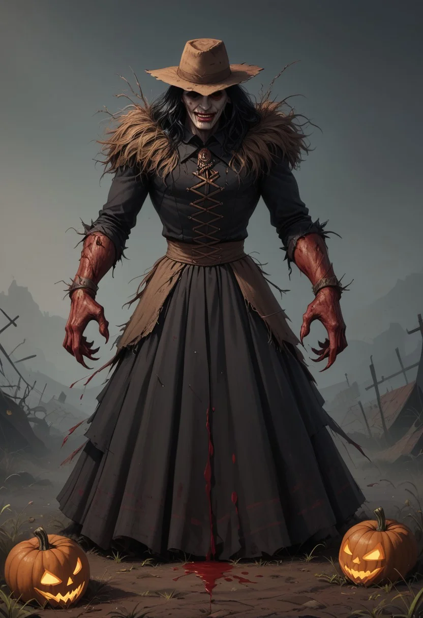 (((8k resolution))), (((absolute masterpiece))), (((best quality))), ultra detailed, score_9, score_8_up, score_7_up, eerie and dark atmosphere, a scarecrow with a large pumpkin head, jagged carved eyes and a sinister grin, standing in a blood-soaked field, cultivating rows of human heads with blood dripping from them, the scarecrow's tattered clothing flutters in the wind, sharp, claw-like hands holding farming tools, dim and foggy sky in the background, blood splattered on the ground, soft shading, subtle details, unsettling yet captivating scene.