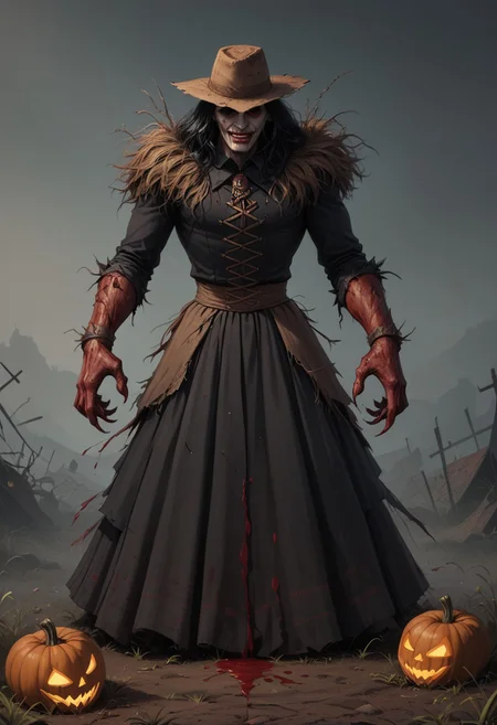 (((8k resolution))), (((absolute masterpiece))), (((best quality))), ultra detailed, score_9, score_8_up, score_7_up, eerie and dark atmosphere, a scarecrow with a large pumpkin head, jagged carved eyes and a sinister grin, standing in a blood-soaked field, cultivating rows of human heads with blood dripping from them, the scarecrow's tattered clothing flutters in the wind, sharp, claw-like hands holding farming tools, dim and foggy sky in the background, blood splattered on the ground, soft shading, subtle details, unsettling yet captivating scene.