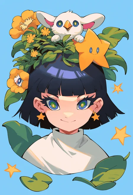 score_9, score_8_up, score_7_up, score_6_up, score_5_up, score_4_up, BREAK
yellow flower, flower, black hair, bird, blunt bangs, blue background, rabbit, short hair, 1girl, blue eyes, simple background, solo, smile, green eyes, bright pupils, white pupils, jewelry, on head, portrait, earrings, leaf, animal, star (symbol), plant, multicolored eyes
 <lora:benangbaja_pony:1>