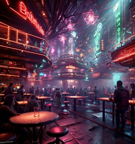 RAW photo, (masterpiece:1.3), subsurface scattering, heavy shadow, (high quality:1.4), (intricate, high detail:1.2), professional photography, HDR, High Dynamic Range, realistic, ultra realistic, photorealistic, high resolution, film photography, ambient lighting, atmospheric effects, <lora:detail_slider_v4:2>, OverallDetail, <lora:Cyberpunk_Club:1>, 6+boys, bar stool, city, cyclu, drinking glass, multiple boys, multiple girls, neon lights, no humans, people, science fiction, stage lights