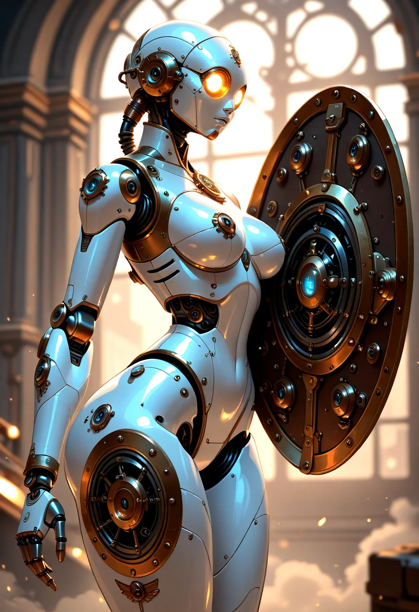 robot girl, ((robot body)), robot joints, proud, medium breasts, wide hips, metal body, angelic, glowing white details, gold details, scifi, transparent body, vintage robot, steampunk, wide robot head, inhuman head, , holding large shield, protector, (large thighs:1.2), steampunk face, being shot at, taking cover, action shot, side view,