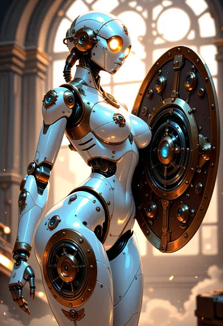 robot girl, ((robot body)), robot joints, proud, medium breasts, wide hips, metal body, angelic, glowing white details, gold details, scifi, transparent body, vintage robot, steampunk, wide robot head, inhuman head, , holding large shield, protector, (large thighs:1.2), steampunk face, being shot at, taking cover, action shot, side view,