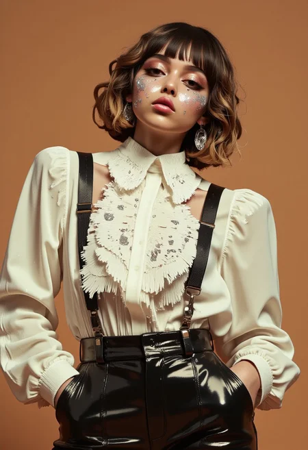 This is a highly stylized, high-resolution photograph featuring a young woman with a distinctive, avant-garde aesthetic. She has a light skin tone and wavy, shoulder-length hair with a mix of dark brown and blonde hues. (Her face is adorned with a lot of metallic, silver face paint that covers her eyes, lips, and chin, giving her a futuristic, otherworldly appearance). She wears a white, long-sleeved blouse with puffed sleeves and a high collar, which is slightly open at the neck. The blouse is embellished with silver sequins and fringe, adding a touch of glamour and texture. Her accessories include black suspenders that drape over her shoulders, adding a retro, yet edgy element to her outfit. She also wears high-waisted, shiny black pants that have a glossy, almost wet look, suggesting a latex or vinyl material. Her hands are elegantly placed, with one in her pocket, giving a sense of casual confidence. The lighting is soft and warm, highlighting the textures and metallic sheen of her outfit and makeup. The overall style is reminiscent of fashion. w3p0rtra1t, MOSH, ff-desolascape