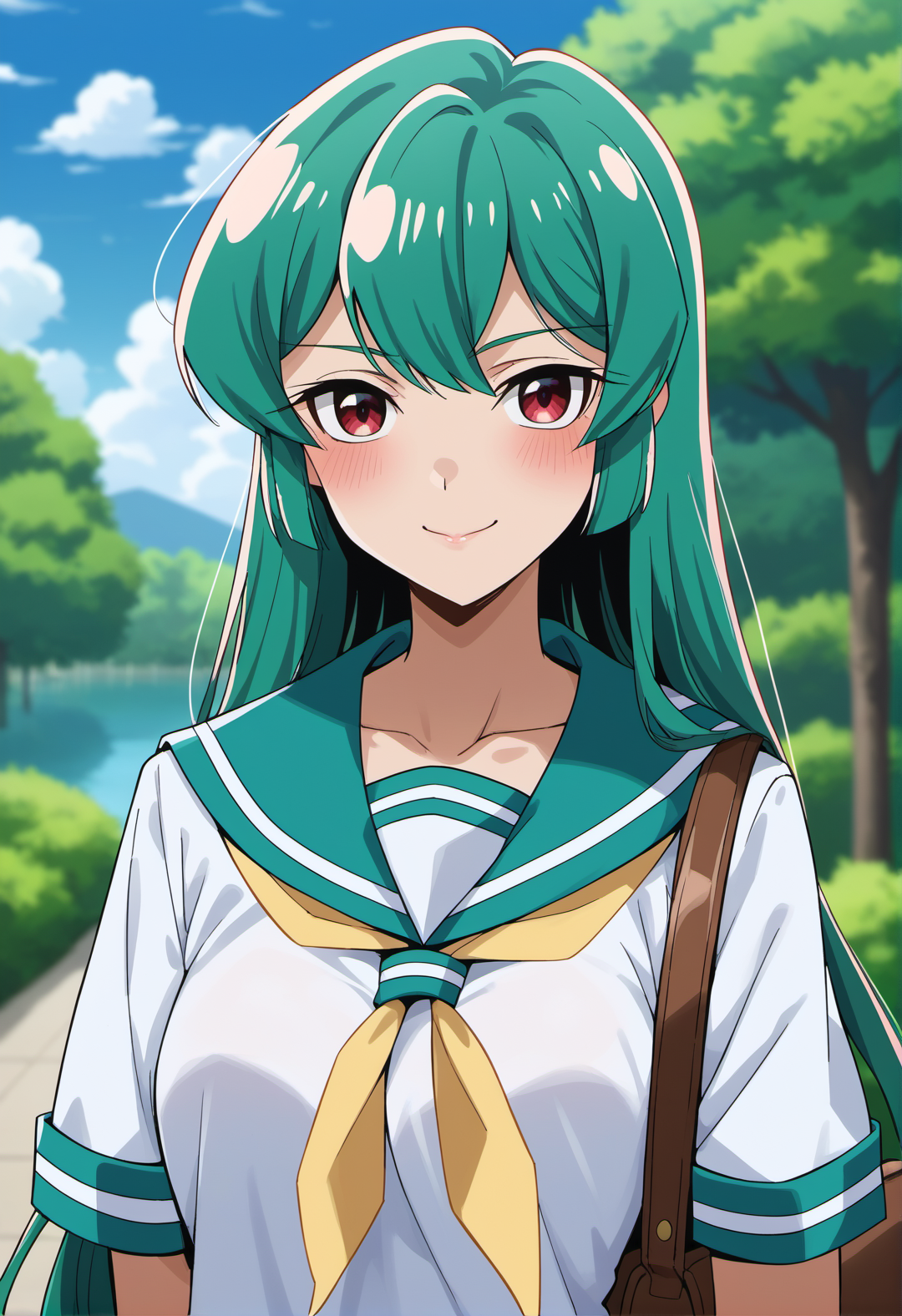 (score_9, score_8_up, score_7_up, score_6_up), source_anime, rating_questionable, BREAK
MinakamiSayo, 1girl, solo, breasts, looking at viewer, smile, shirt, closed mouth, school uniform, collarbone, white shirt, upper body, outdoors, sky, day, serafuku, cloud, sailor collar, bag, blurry, blue sky, tree, neckerchief, blurry background, yellow neckerchief, green sailor collar,
<lora:GOMG_MinakamiSayo_PD6XL_1:1>