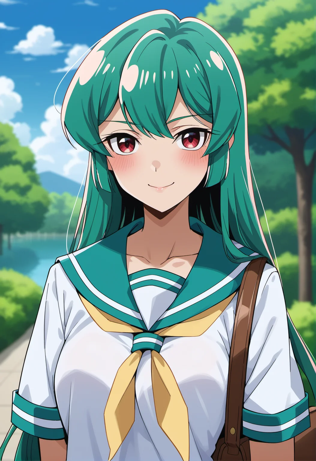 (score_9, score_8_up, score_7_up, score_6_up), source_anime, rating_questionable, BREAK
MinakamiSayo, 1girl, solo, breasts, looking at viewer, smile, shirt, closed mouth, school uniform, collarbone, white shirt, upper body, outdoors, sky, day, serafuku, cloud, sailor collar, bag, blurry, blue sky, tree, neckerchief, blurry background, yellow neckerchief, green sailor collar,
<lora:GOMG_MinakamiSayo_PD6XL_1:1>