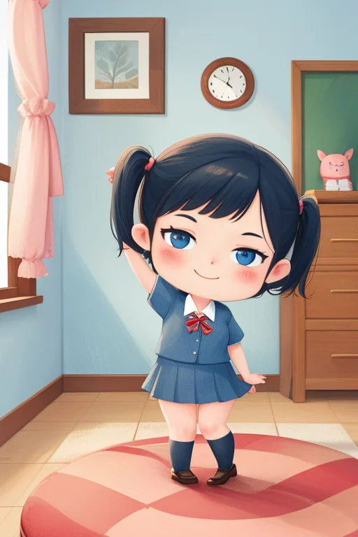 masterpiece,best quality,1girl,solo,black hair,blue eyes,school uniform,miniskirt,chibi,smile,arm up, bedroom, <lora:childbookfinv1:1> <lora:childbookv6-000032:0:NE>