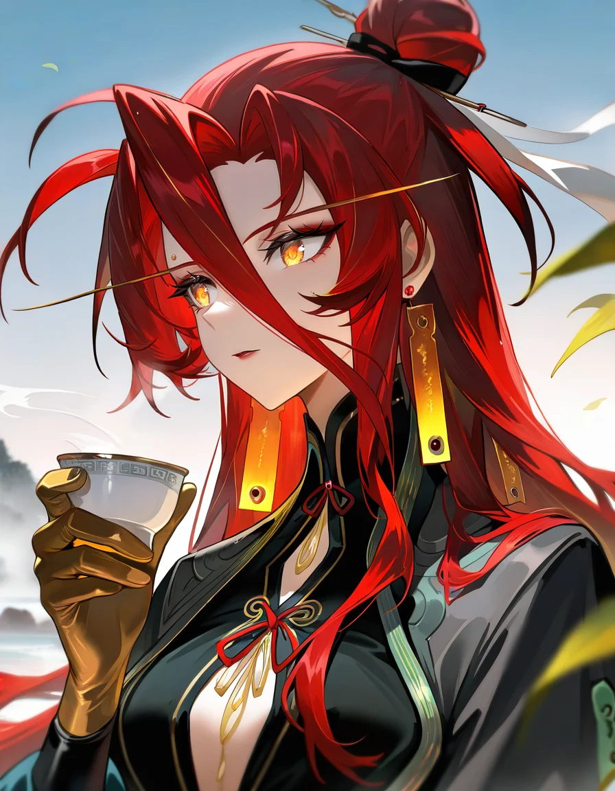 <lora:chuyi_noob:1>,xytx-chuyi,1girl,solo,red hair,long hair,cup,holding,gloves,hair bun,holding cup,earrings,jewelry,yellow eyes,ahoge,chinese clothes,parted lips,
masterpiece,best quality,very aesthetic,absurdres,
