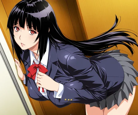 masterpiece, best quality, amazing quality, sfw, 1girl, solo, shirt, ,pleated skirt, looking at viewer, jabami yumeko, jacket, <lora:Amano Ameno style ILL:1> amanoameno