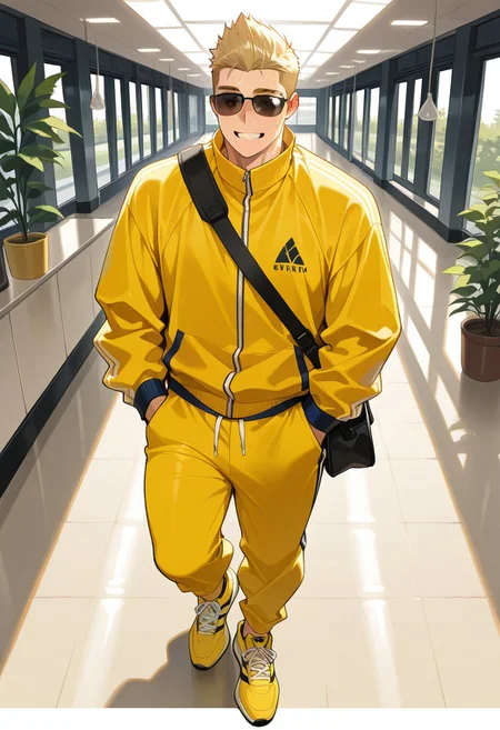 masterpiece, best quality, absurdres, newest, perfect quality, best quality, absolutely eye-catching, detailed background, intricate details, bara, male, 1man, solo, male focus, blonde quiff hairstyle, yellow sport jacket, black eyes, yellow gym pants, sunglasses, carries a sporty gray shoulder bag, yellow sporty shoes, indoor, gym, indoor plant, warm natural lighting, lively and bustling atmosphere, wide-angle perspective, background details visible, extremely happy expression, sweating, mouth open,