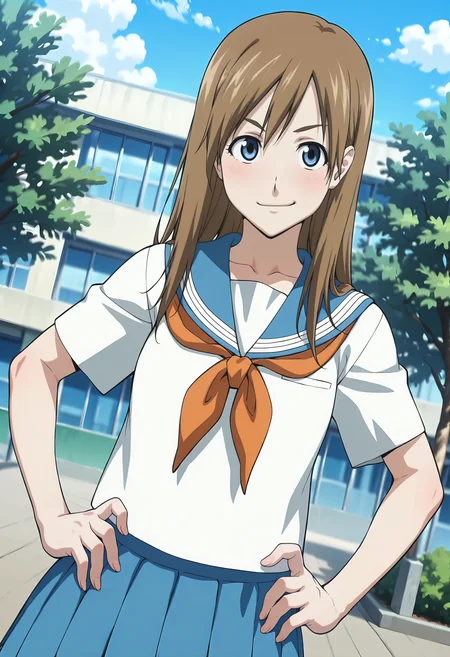 best quality, amazing quality, perfect quality, high quality, masterpiece, absolutely eye-catching BREAK
<lora:Over_Drive_-_Yuki_Fukazawa:1> OverDriveYuki, blue eyes, brown hair, long hair, medium breasts BREAK
white shirt, blue sailor collar, orange neckerchief, blue pleated skirt BREAK
outdoors, school, building, tree, blue sky BREAK
1girl, solo, smirk, hands on hips, looking at viewer, dutch angle, cowboy shot