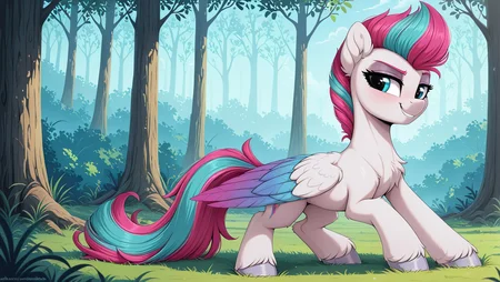 resolution,masterpiece,high resolution,my little pony,friendship is magic resolution,masterpiece,high resolution,solo,wild,pony,woman, <lora:zipp_storm:1> Zipp Storm pony, pegasus, white body, eyes, silver hooves, long wings with blue and purple feathers, purple mane with pink and turquoise strands combed back covered with gel, Her tail is the same color and medium length, blue eyes, pink eyebrows FOREST, DETAILED BACKGROUND