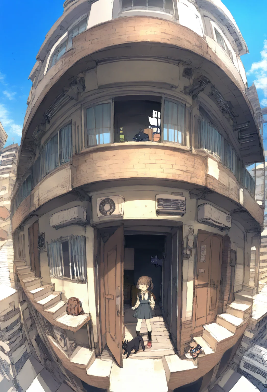 1girl, cat, solo, bag, scenery, socks, skirt, brown hair, backpack, shoes, stairs, black socks, school uniform, shirt, day, outdoors, door, window, black cat, building, sky, air conditioner, standing, wide shot
,masterpiece,best quality,very aesthetic,absurdres,
<lora:åºæ°´fornoob:0.95>
