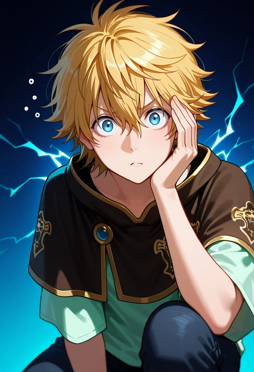 masterpiece, best quality, , (realistic:0.6), looking at viewer, 1boy, solo, male focus, <lora:luck_voltia_ilxl:0.98>, luck_voltia, blonde hair, blue eyes, short hair, hair between eyes, electricity, capelet, confused thought, hand raised to head, furrowed brow, thinking pose, neutral lighting, Rosewood Batik Straight-leg chinos, Chambray Raglan shirt, Oxfords, , and