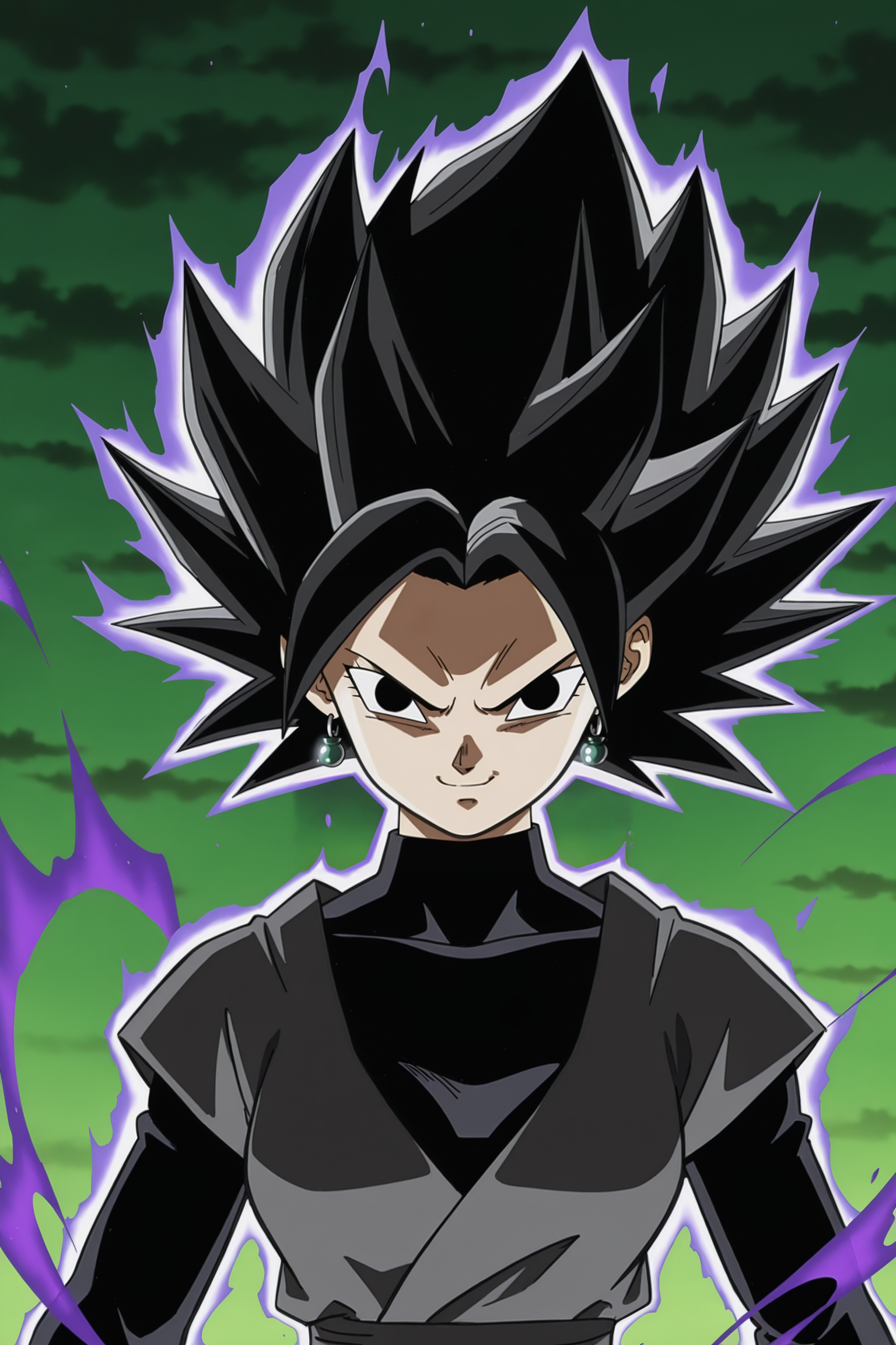anime screencap, absurdres, high quality, 
caulifla, goku black costume, official style, 1girl, solo, looking at viewer, black hair, closed mouth, upper body, black eyes, green sky, ruined city, spiked hair, potara earrings, grey dougi, turtleneck, black undershirt, long sleeves, v-shaped eyes, v-shaped eyebrows, dark aura, powering up, crazy smile, 
 <lora:Caulifla_iL:0.8>