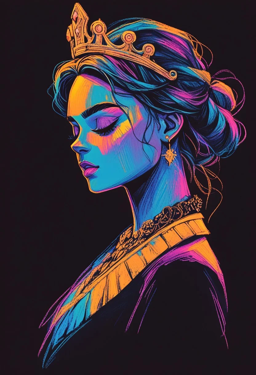 score_9, score_8_up, score_7_up, score_6_up, aesthetic, s1_dram, ncpy13 style, pastels drawing, deep black background,  Using deep blue, gold and black colors create A beautiful young woman dressed as the queen of darkness sits on a throne made entirely of skulls. She's wearing a flowing black dress with gold accents and has a crown made of tiny bats perched atop her head. Her partner, a tall, lean man dressed as Dracula, stands behind her in the shadows. The style is a dark fantasy setting, upperbody portrait, elegant, intricate details.