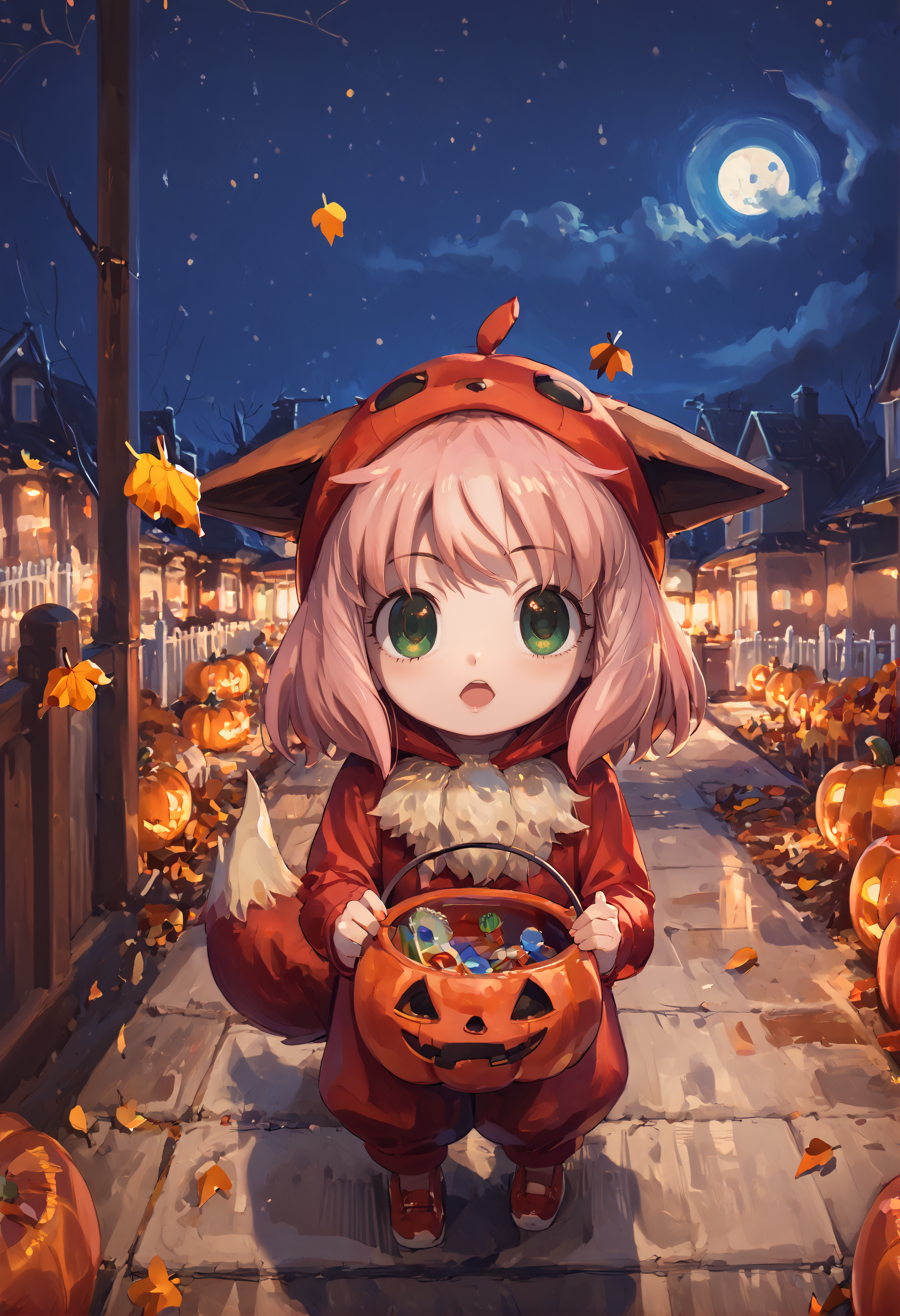 score_9,score_8_up,score_7_up,night,night sky,moon,halloween,cute,1girl,solo,<lora:halloweenpokemonXLP:0.8>,halloween,jack-o'-lantern,autumn leaves,<lora:Trick_or_treat:0.8>,tr1ck0rtr3at,holding,halloween bucket,doorway,street background,<lora:anya-forger-movie-ponyxl-lora-nochekaiser:0.8>,anya forger,anya (spy x family),bangs,green eyes,pink hair,ahoge,<lora:eevee-cosplay-ponyxl-lora-nochekaiser>,eevee cosplay,eevee (cosplay),cosplay,hood,hood up,long sleeves,kigurumi,animal ears,pokemon tail,tail,
