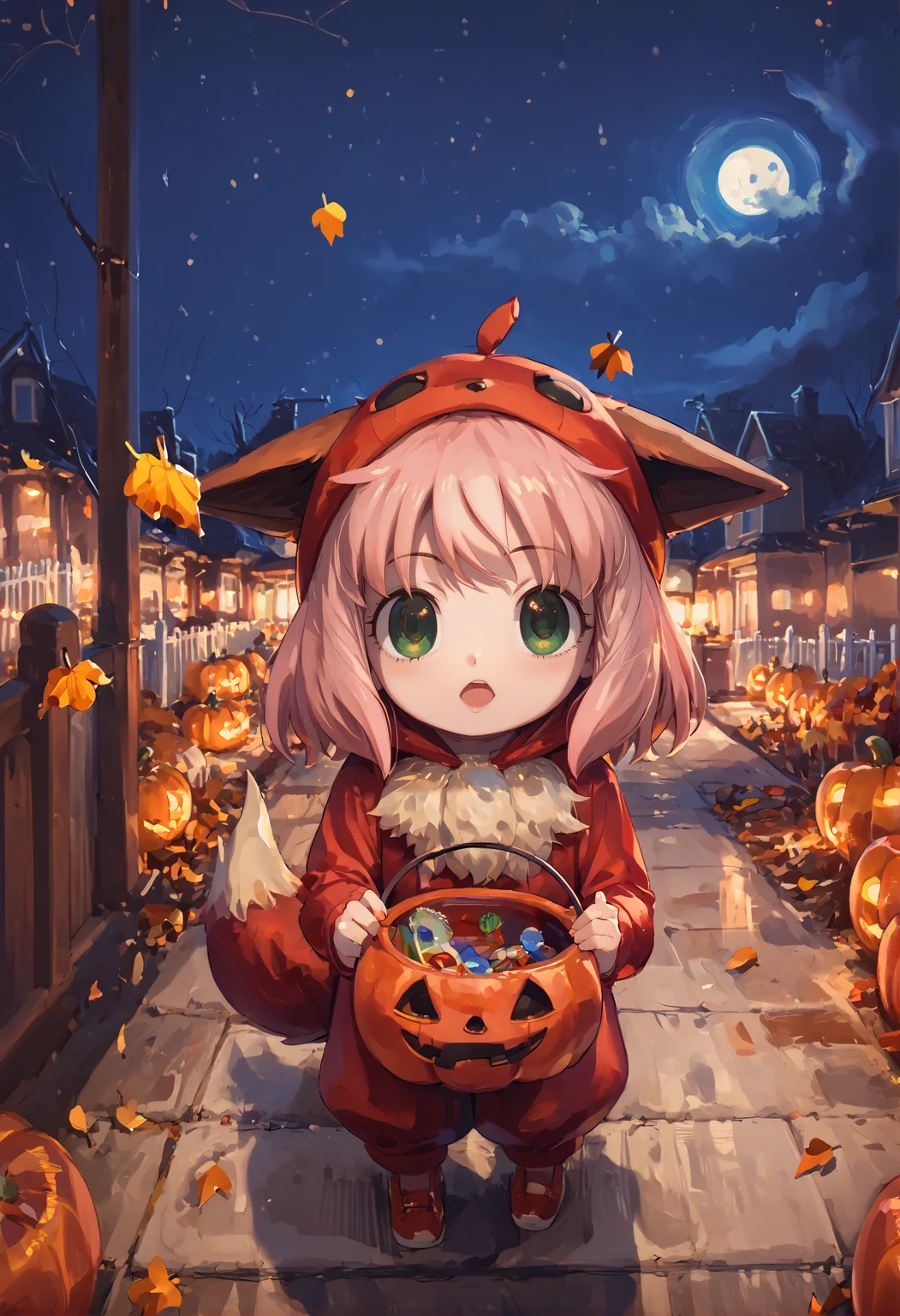 score_9,score_8_up,score_7_up,night,night sky,moon,halloween,cute,1girl,solo,<lora:halloweenpokemonXLP:0.8>,halloween,jack-o'-lantern,autumn leaves,<lora:Trick_or_treat:0.8>,tr1ck0rtr3at,holding,halloween bucket,doorway,street background,<lora:anya-forger-movie-ponyxl-lora-nochekaiser:0.8>,anya forger,anya (spy x family),bangs,green eyes,pink hair,ahoge,<lora:eevee-cosplay-ponyxl-lora-nochekaiser>,eevee cosplay,eevee (cosplay),cosplay,hood,hood up,long sleeves,kigurumi,animal ears,pokemon tail,tail,