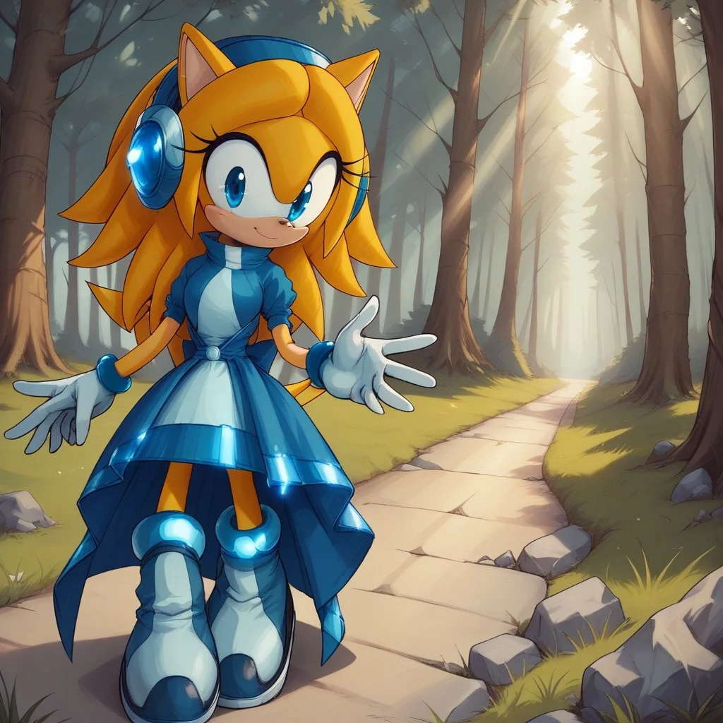 score_9, score_8, BREAK, solo, Maria_Robotnik_The_Hedgehog, hedgehog_girl, blonde_hair, blue_hairband, blue_eyes, blue_dress, white_gloves, blue_footwear, self portrait, smile, looking at viewer, outdoors, sunlight, shadows, evening lighting, natural lighting, forest, trees, grass, orange sky, sunset