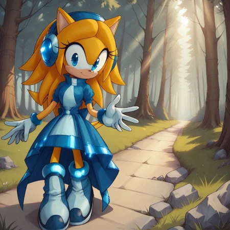 score_9, score_8, BREAK, solo, Maria_Robotnik_The_Hedgehog, hedgehog_girl, blonde_hair, blue_hairband, blue_eyes, blue_dress, white_gloves, blue_footwear, self portrait, smile, looking at viewer, outdoors, sunlight, shadows, evening lighting, natural lighting, forest, trees, grass, orange sky, sunset