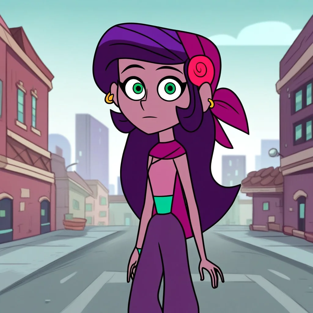 Score_9, solo, marcella_lq, purple hair, long hair, earrings, bandana, green eyes, pants, outdoors, looking at viewer, city