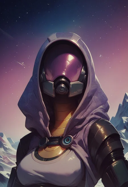 score_9, score_8_up, score_7_up, score_6_up,
1girl, HD, solo, tali, (tali'zorah), helmet, no face,
front view, waist up, salute,
space background, mountain, stars, aurora