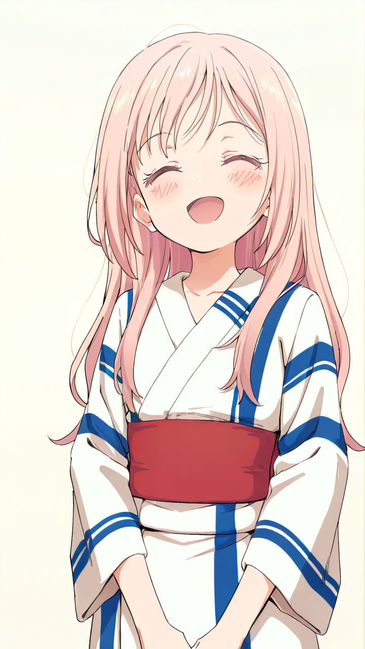 white_background,simple background,1girl,solo,full_shot,looking_at_viewer,blush,anime screenshot,sincos,Champe,looking_up,<lora:Champe_Illustrious_v10:1>,;d,collarbonea,hair down,yukata,, masterpiece, best quality