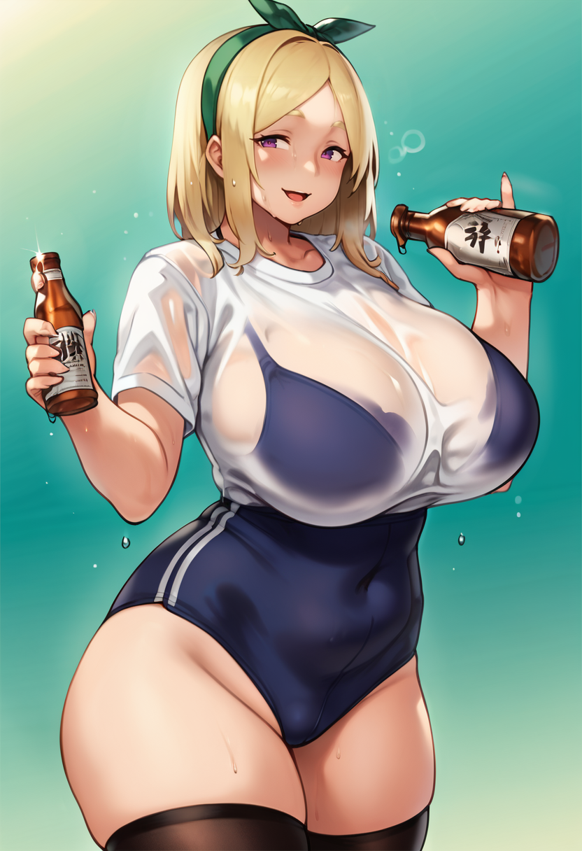 score_9, score_7_up,  1girl, 
solo, huge breasts, wide hips, thick thighs, holding bottle, green background, breasts, looking at viewer, shirt, wet shirt, see-through, bottle, hairband, holding, parted bangs, medium hair, wet, sidelocks, wet clothes, blue background, alternate costume, white shirt, blush, black thighhighs, bra visible through clothes, gradient background, open mouth, buruma, thighhighs, smile, drunk, cowboy shot, plump, covered navel, short sleeves, thighs, green hairband
 <lora:houtengeki-Style-PonyXL-GLoRA-000039:1>