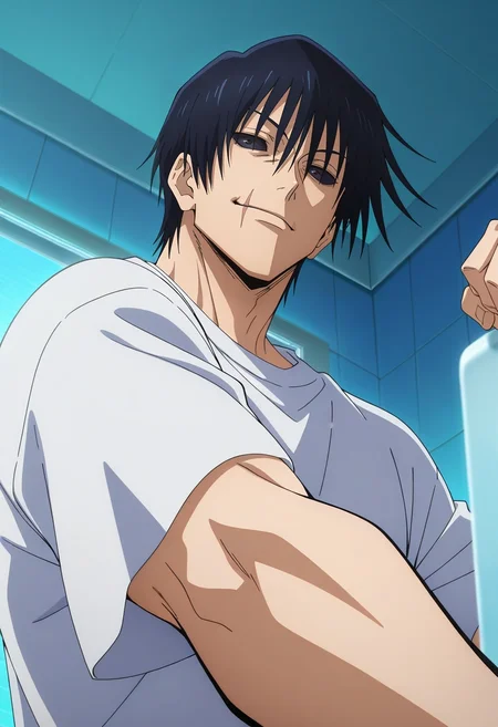 masterpiece, best quality, , anime screencap, anime coloring, official style, , 1boy, solo, male focus, <lora:touji_fushiguro_ilxl:0.92>, touji_fushiguro, black hair, black eyes, short hair, hair between eyes, bangs, colored sclera, black sclera, scar on mouth, from below, bathroom, dawn, (pose), smile,