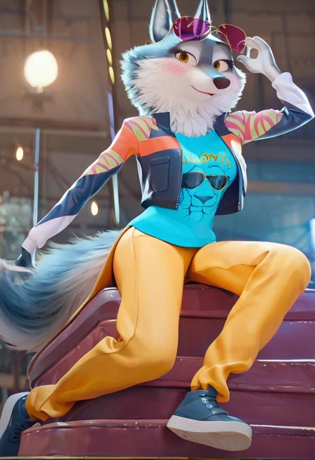 zPDXL, score_9,score_8_up,score_7_up,_up, best quality, amazing quality, masterpiece, 1girl, looking at viewer, solo, fullbody, cute, blush, tight cloth, blush, close, upper body, porsha,  yellow eyes, white-blue fur, wolf girl, wolf ears, wolf tail,  blue t-shirt, lion head print calloway t-shirt, jacket, yellow pants, sneakers, sunglasses, eyewear on head, purple eyewear, <lora:PorshaUPDATED:1> indoors, stage, party lights,  contour_deepening, depth of field, huge filesize,large breasts, blurry background