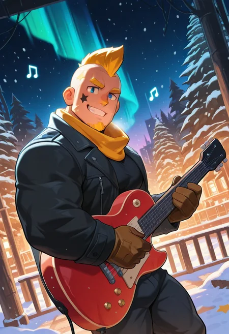 mbti_esfp, very awa, mbtiesfp, 1boy, blonde, short hair, black star on face,, black jacket, (white winter coat), winter scarf, brown gloves, black turtleneck shirt, looking at viewer, smirk, grin, happy, brawlStars, in the amusement park, pants, portrait, half body, upper body, blue eyes, shaved mohawk, source_cartoon, 2d, bara, manly, muscular, 3/4 view, night sky, aurora in the sky, snow, playing guitar, {{holding red electric guitar}}, in the concert, ((floating colorful muscial notes)), snowstorm, Side View, Pec focus, left view, warm lighting, with people walking background, {{colorful glowing musical notes}}, yellow eyebrows, yellow chin hair, facial hair, dutch angle, winter forest trees, city nightscape, colorful neon lights, {{yellow goatee}}, highlight, highlighted eyes, very awa