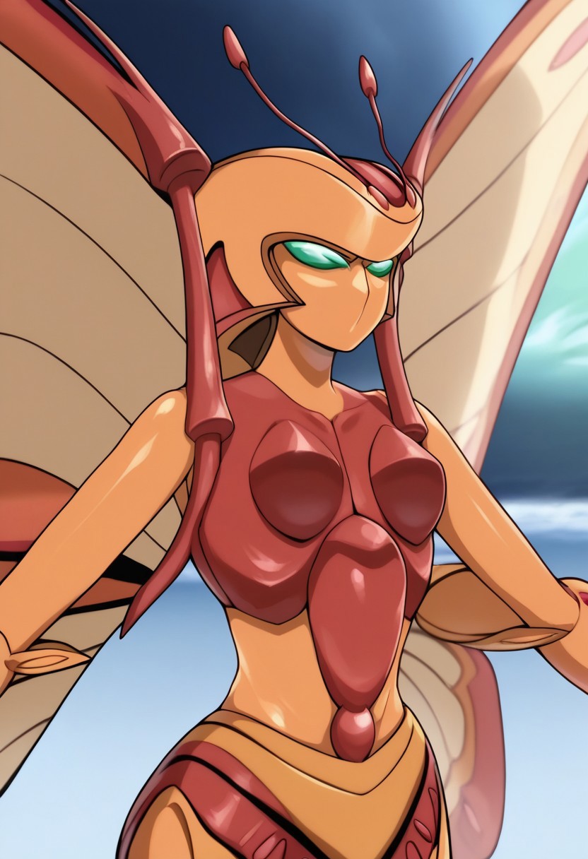 score_9, score_8_up, score_7_up, source_anime, anime illustration, masterpiece, best quality, lots of details, BREAK zPDXLx, mur4k4mi-ip,bakugan,1girl,monarus,pyrus monarus,bakugan (creature),butterfly wings,midriff,breasts,green eyes,wings,antennae,solo,robot,glowing,no humans,color skin,red skin