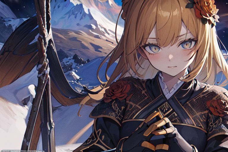 (masterpiece:1.4), 4K8K, (anime style), (high shutterspeed:1.4), (sharp edges), 
plants niji style,
flower rose, 1 woman prey with hands togather, neeling, leaning foward, 
wearing Celtic style dress, (Detailed face, Detailed eyes), 
(amber colored:1.4), in the Alps at night,