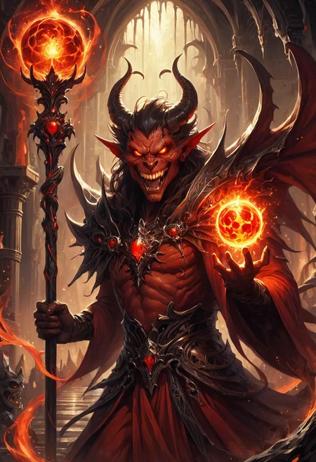 red demon imp, Close-up of a fantastic image of an imp demon standing holding an orbstaff while grinning with his vampire teeth, behind him were people crossing a long wooden bridge in the depths of hell, Dracula teeth, clad in flowing, flowing demon red dress, wielding an glowing Orbstaff ornate, ornate glowing Orbstaff, Their eyes are filled with power and determination, as they wield the orbstaff n a fluid, hellish atmosphere with roiling lava fire, lava, volcano, creepy, creatures, action pose, flying pose, awesome hell background, dynamic motion,