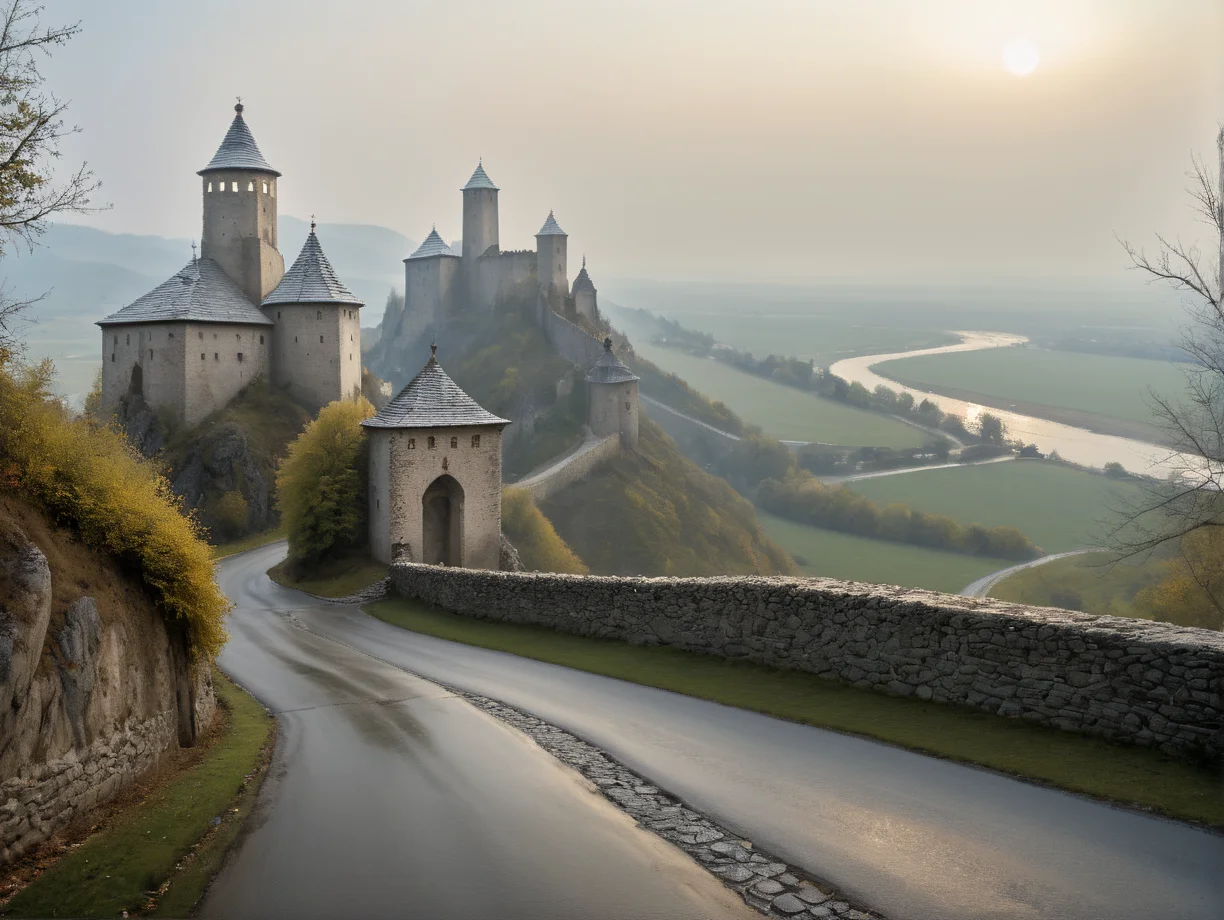 Hyperrealistic art professional photo, scenery, skanzen, river, shrine, road, castle on the hill in background, (natural colors, correct white balance, color correction, dehaze,clarity), . Extremely high-resolution details, photographic, realism pushed to extreme, fine texture, incredibly lifelike <lora:SkanzenXL:1>