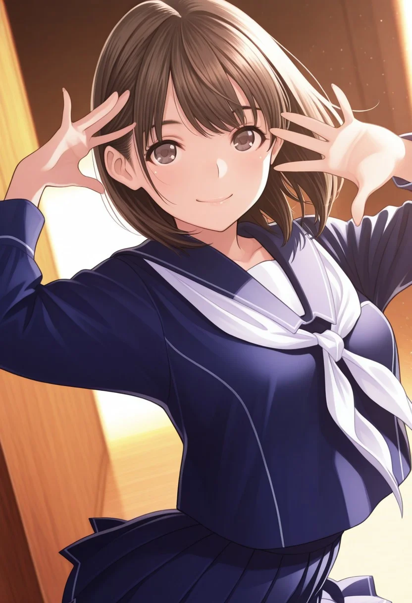 1girl, nene,brown hair,brown eyes, n_b_clothes,long_sleeves,blue serafuku,neckerchief,pleated skirt,black_pantyhose,smile, spread hand, close-up,, looking at viewer, sexy pose, outsides,masterpiece, best quality, ultra-detailed, best illustration, soft lighting, bloom, light particles, glow, shiny hair, detailed background, dynamic lighting, volumetric lighting, dynamic pose, dynamic angle,