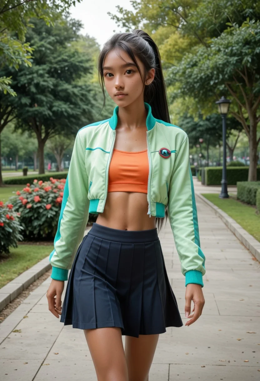 1girl, Masterpiece, 8k, ultra high detail, score_9, score_8_up, score_8,  medium breast size, sporty long deepblack ponytail hair, fcNeg, stunning green eyes, native american skin, tan skin, small nose, innocent beauty, slim face,  cute face, athletic body, perfect body, extreme detailed body, perfect face, ultra high detailed face, perfect eyes, 
Sideview, 
Joggingclothes, softshell jacket, 
Jogging in park, sporty skirt,