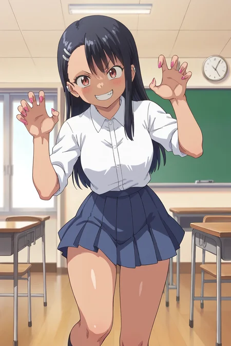 score_9, score_8_up, score_7_up, source_anime, aesthetic, intricate details, 1girl BREAK
 <lora:ranma_2024_style:1> ranma2024_style, anime coloring,  ijiranaide nagatoro-san, ijiranaide nagatoro-san, evil smug, clenched teeth, teeth, claw pose, standing, indoors, classroom, board, looking at viewer, collared shirt, white shirt, miniskirt, blue skirt, pleated skirt, dark-skinned female, pink nails,  nail polish,