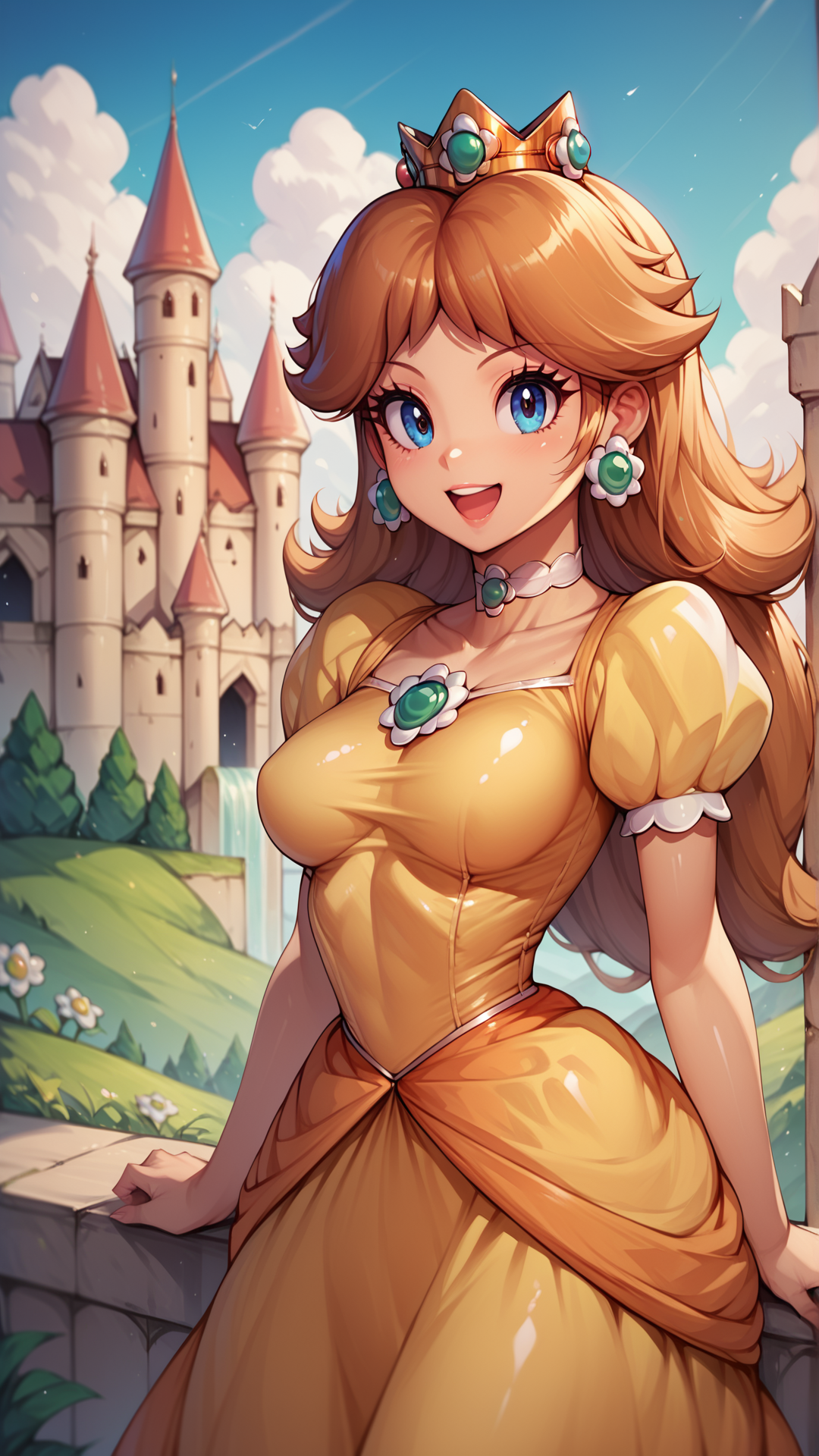 score_4,score_5,score_6,score_7_up,score_8_up,score_9 BREAK <lora:Princess_Peach_Shiny_Style_V3.0:0.7>,princess daisy,1girl,solo,jewelry,earrings,long hair,breasts,very long hair,big hair,choker,yellow dress,medium breasts,:d,outdoors,smile,open mouth,shiny,shiny skin,castle,puffy sleeves,